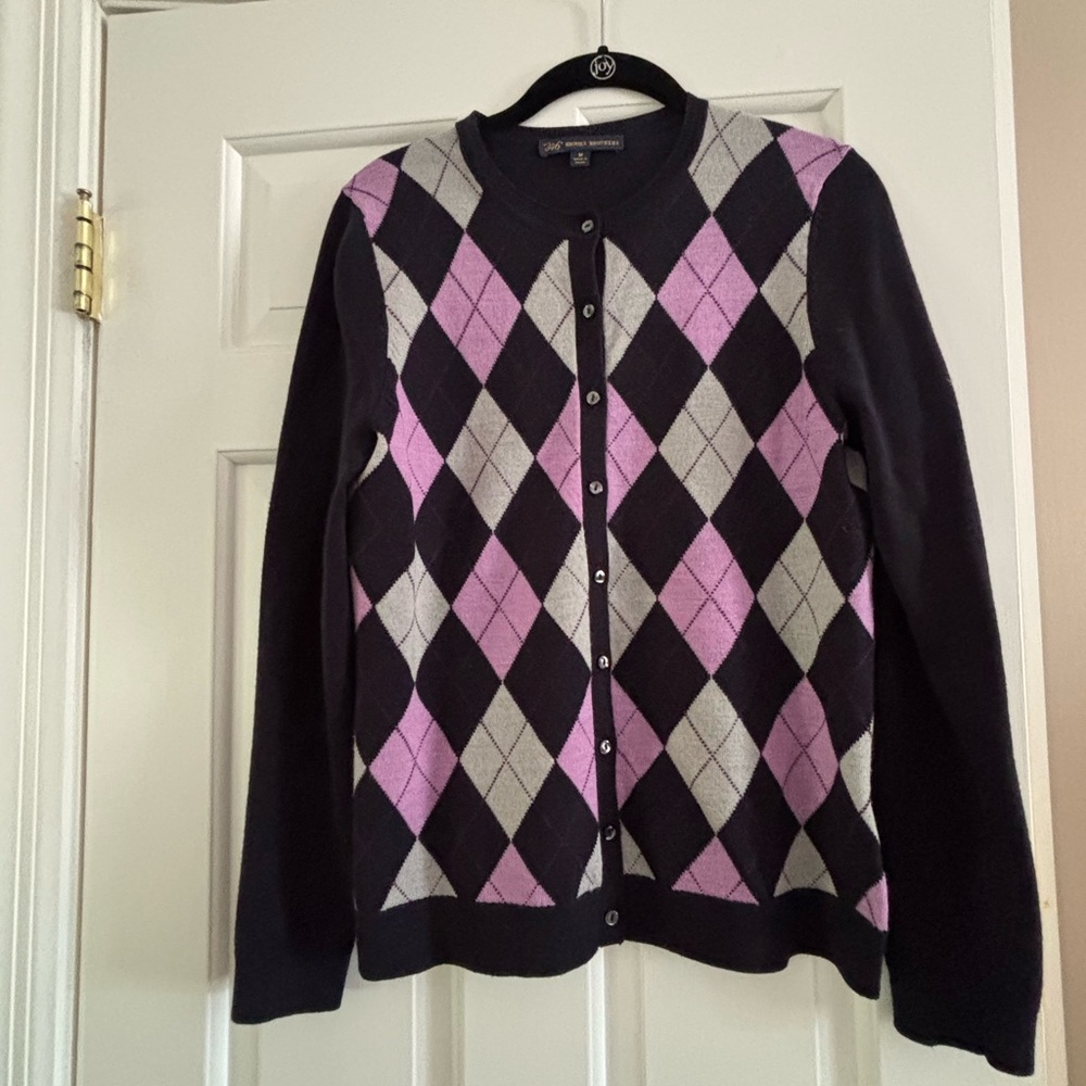 Brooks Brothers Navy and Pink Argyle Cashmere Cardigan